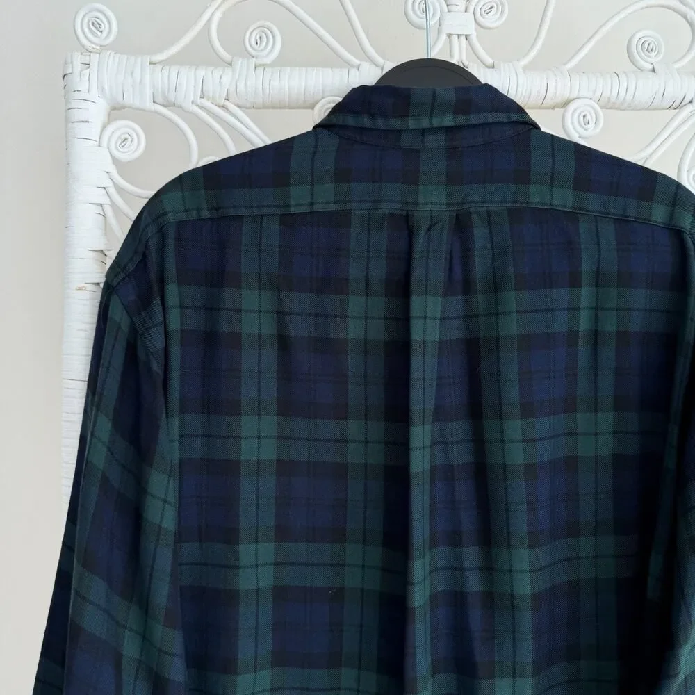 Ralph Lauren Shirt Mens Large Green Blue Tartan Blackwatch Silk Flannel USA Made